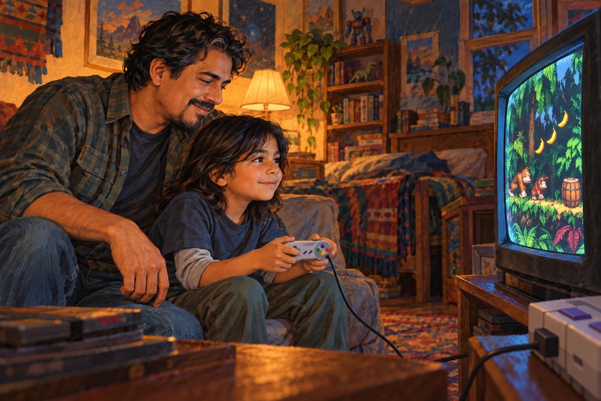 A dad and his son on the couch playing Donkey Kong Country on an old TV