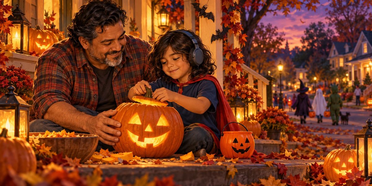 A dad and his son in headphones and a red cape carving a jack-o'-lantern on the porch on Halloween night