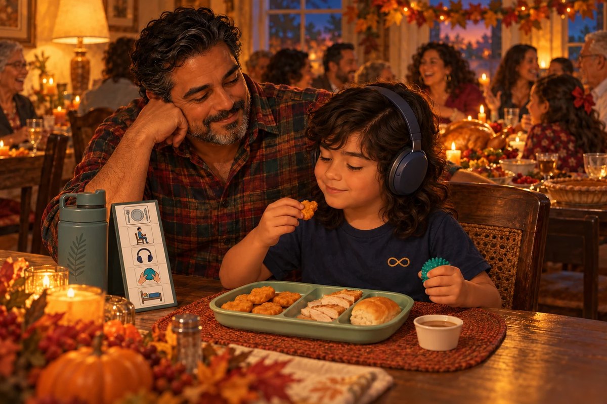 A dad smiles at his autistic son at a busy Thanksgiving table. The boy wears noise-canceling headphones, holds a fidget, and eats from a divided plate with nothing touching, gravy on the side, a picture schedule by his cup.