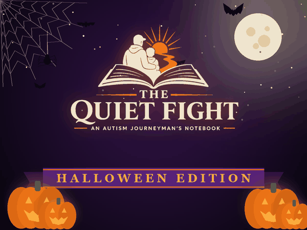 The Quiet Fight, Halloween edition: a father reading with his son under a full moon, with bats and jack-o'-lanterns